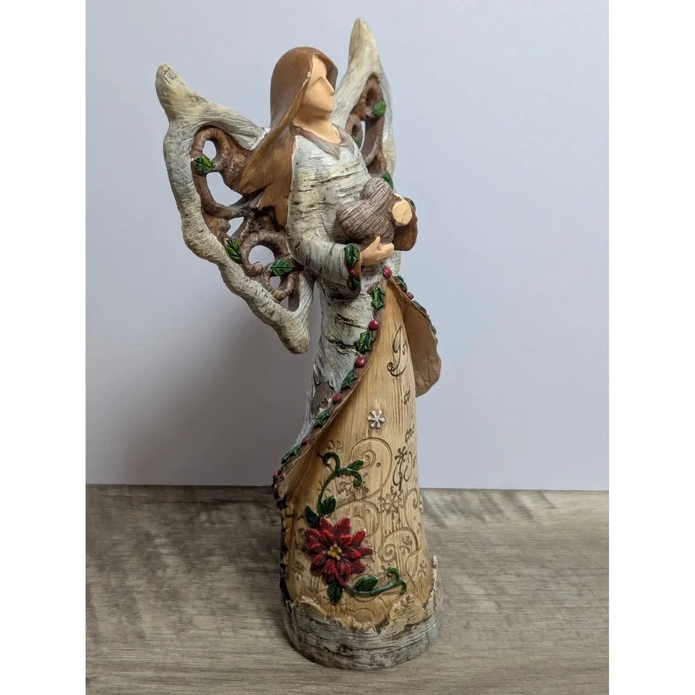 Joy to the World Birch Bark Christmas Angel Figurine Rustic Holiday Decor